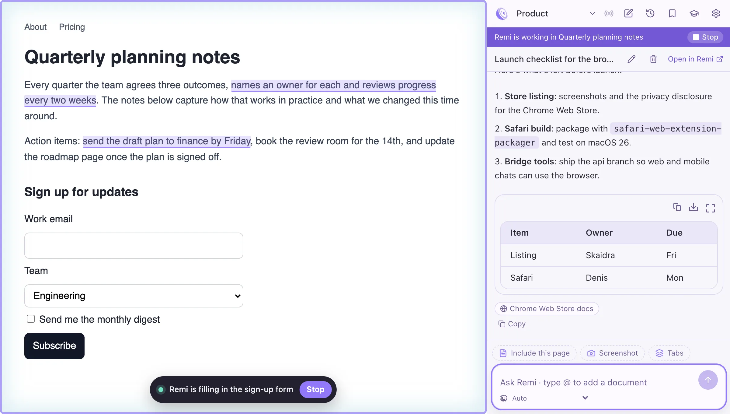 A Remi chat filling in a sign-up form in the tab, with a purple frame round the page and Stop in the panel and on the page