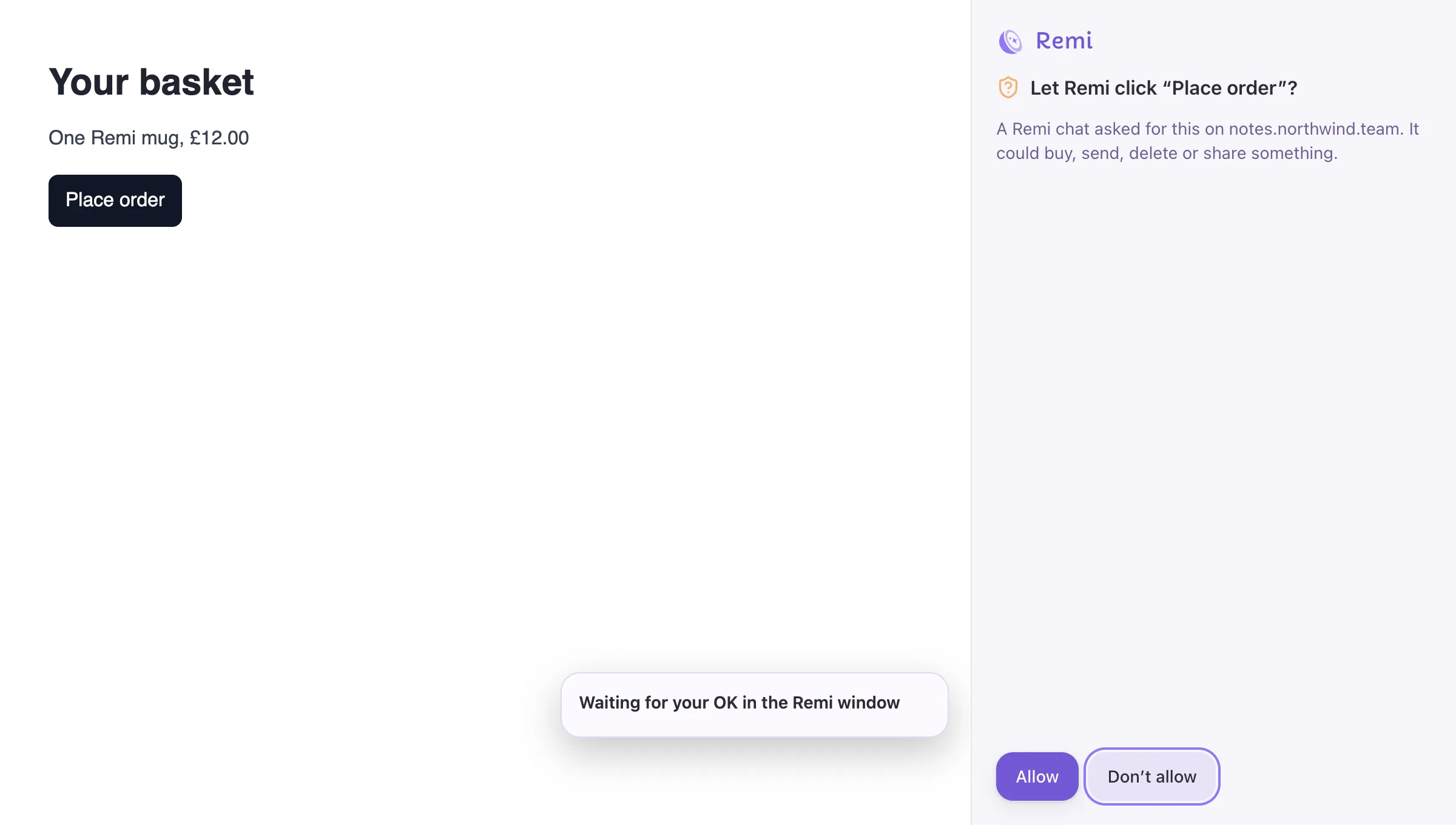 The Remi window asking before it clicks Place order, with Allow and Don't allow