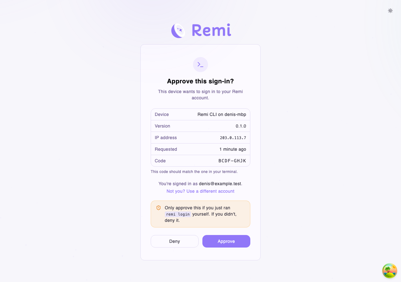 The approval page on remiapp.ai showing the same code, BCDF-GHJK, with Deny and Approve buttons