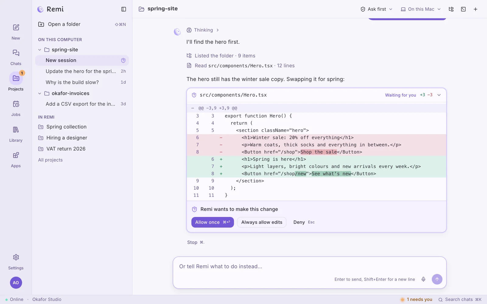 Remi Desktop in the spring-site folder, showing a change to the hero section and asking before it makes it, with Allow once, Always allow edits and Deny