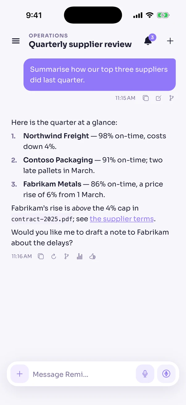 Remi on a phone, summing up how three suppliers did last quarter