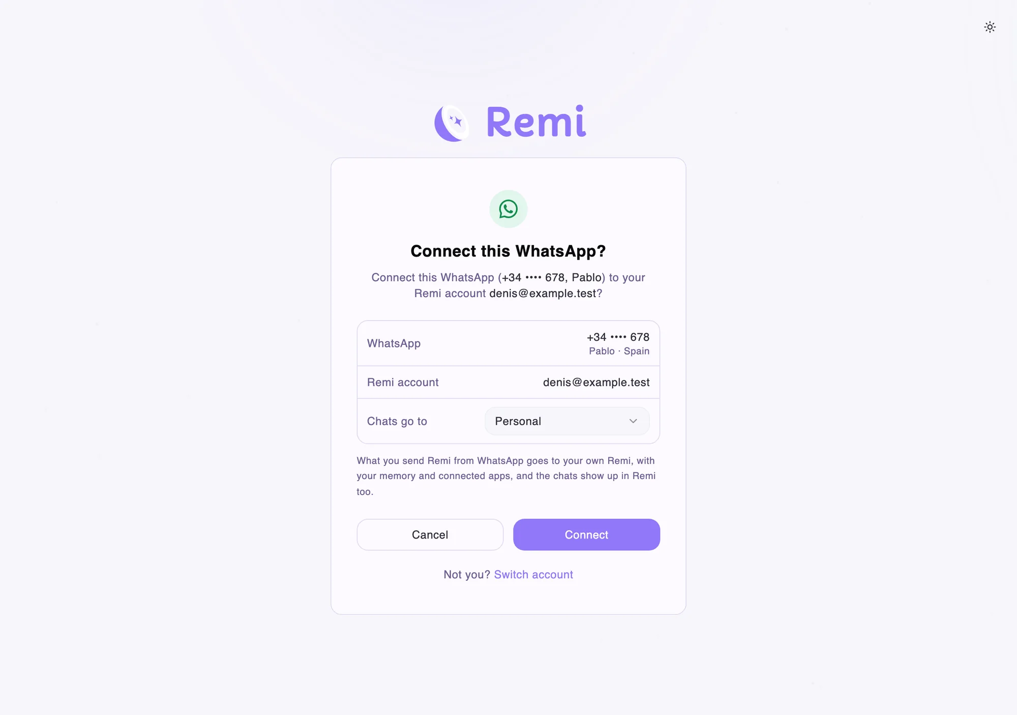 The page on remiapp.ai asking whether to connect this WhatsApp, with the masked number, the Remi account, where chats go, and Cancel and Connect